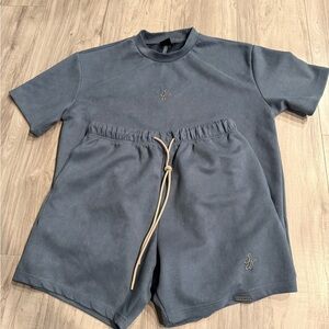 SUMWON Faux Suede Two-Piece Short Set in Slate Blue XS